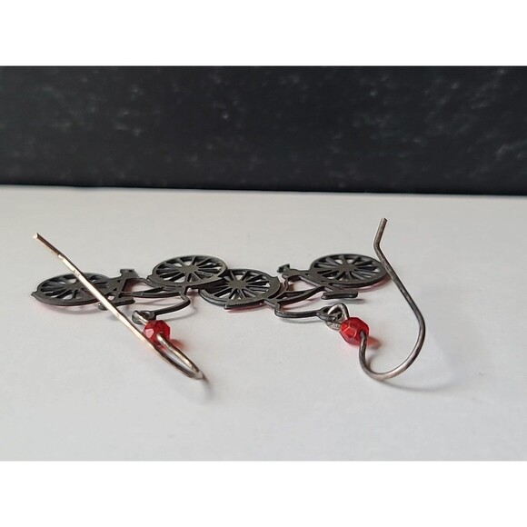 925 Sterling Silver Hook Red Bicycle Shaped Dangling Pierced Plastic Earrings - Picture 8 of 10